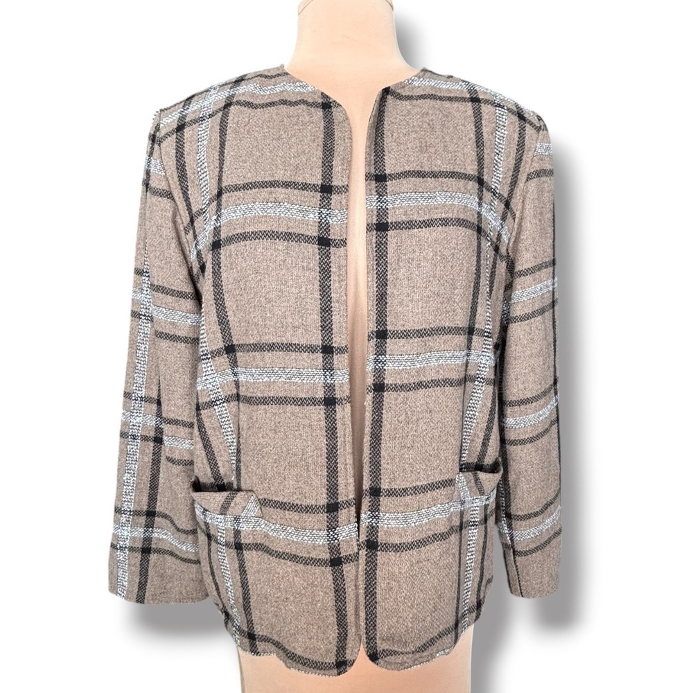 Vintage Plaid Wool Blend Cardigan Jacket Brown Black Open Front Heritage Layer